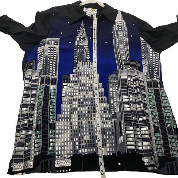 Diane Gilman vintage Silk Cityscape artsy sequin metallic Button-Up tunic top - Picture 7 of 9